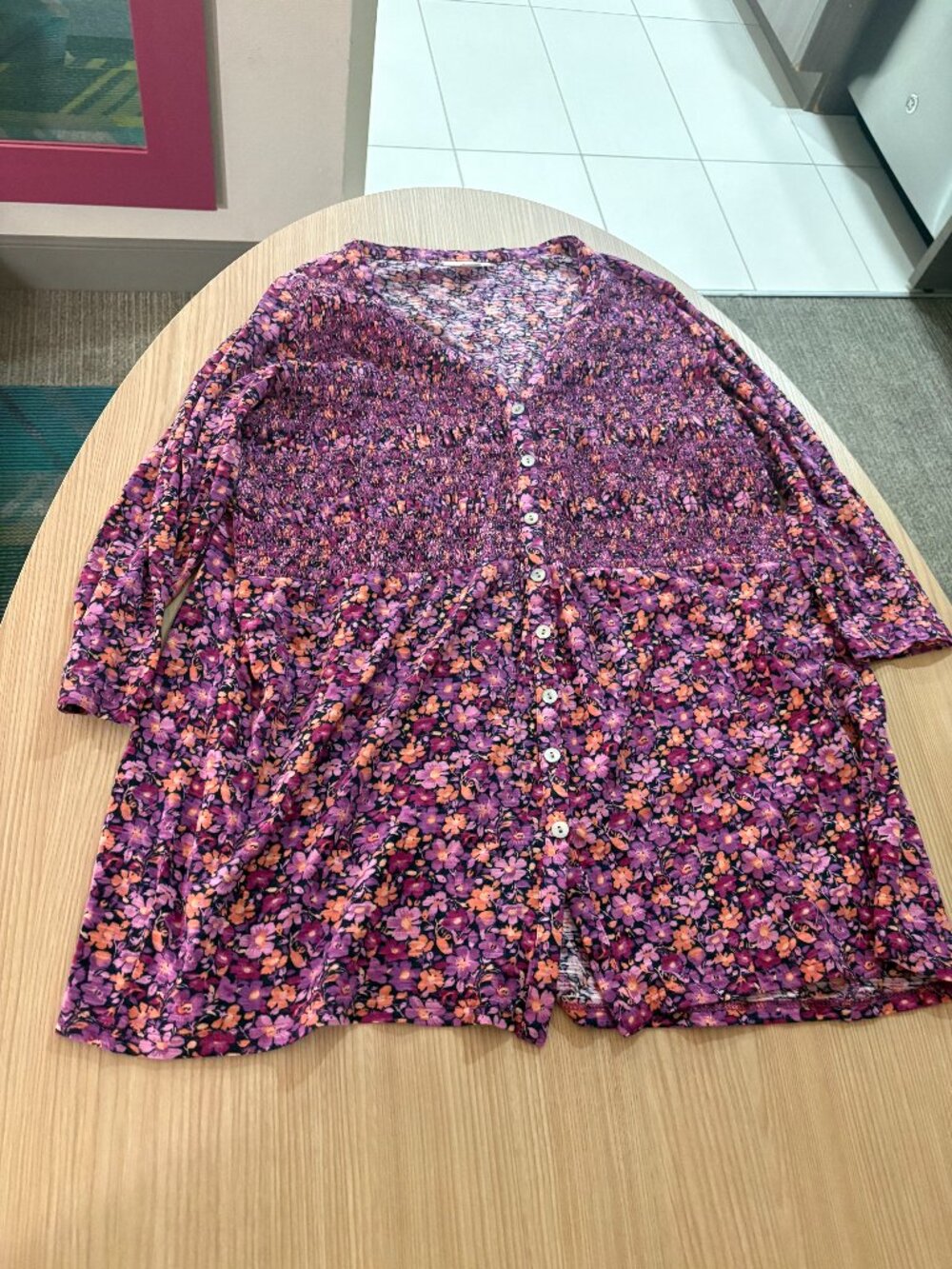 J. Jill Button Up Blouse MP Medium Petite Floral Print Long Sleeve Cotton Modal
